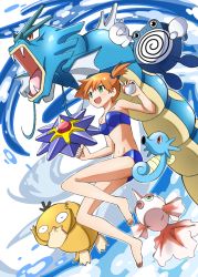 Rule 34 | &gt;:d, 1girl, :d, arm up, arms up, bare arms, bare legs, bare shoulders, barefoot, bikini, black eyes, blue bikini, blush, breasts, clenched hand, collarbone, creatures (company), fangs, feet, female focus, fish, full body, game freak, gen 1 pokemon, goldeen, green eyes, gyarados, gym leader, hand up, highres, holding, holding poke ball, horns, horsea, index finger raised, legs, medium breasts, midair, midriff, misty (pokemon), naughty face, navel, neck, nintendo, open mouth, orange hair, poke ball, pokemon, pokemon (anime), pokemon (creature), pokemon frlg, pokemon rgby, poliwhirl, psyduck, red eyes, short hair, side ponytail, side slit, single horn, smile, starmie, stomach, strapless, strapless bikini, sumiiisu2324, swimsuit, swirl, toes, tongue, v-shaped eyebrows, water