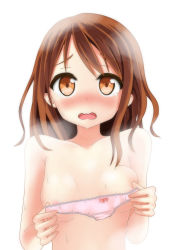 Rule 34 | 1girl, bad id, bad pixiv id, blush, bow, bow panties, brown eyes, covering privates, covering nipples, highres, holding, holding clothes, holding panties, holding underwear, karutamo, looking at viewer, nude, open mouth, original, panties, pink panties, solo, steam, tears, underwear, upper body, wavy mouth, wet