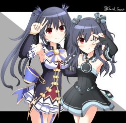 Rule 34 | absurdres, armpits, bare shoulders, black hair, breasts, cleavage, coat, collar, dress, eyelashes, gloves, hair ornament, hairclip, highres, jacket, jewelry, long hair, medium breasts, neptune (series), noire (neptunia), one eye closed, red eyes, ribbon, ring, siblings, sisters, skirt, small breasts, smile, swirl gear, thighs, tongue, tsundere, tsundere, twintails, two side up, uni (neptunia), wink