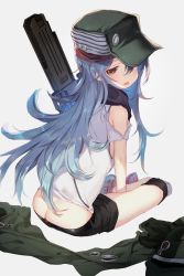 Rule 34 | 1girl, ass, assault rifle, blue hair, brown eyes, bullpup, butt crack, caseless firearm, commentary, english commentary, from behind, full body, g11 (girls&#039; frontline), girls&#039; frontline, grey background, gun, h&amp;k g11, hair between eyes, hat, highres, horizontal magazine, indian style, knee pads, long hair, looking back, messy hair, nakamura takeshi, parted lips, personification, prototype design, rifle, shoes, short shorts, shorts, simple background, sitting, sneakers, solo, strap slip, tank top, teardrop, weapon