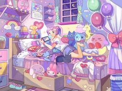 Rule 34 | 1girl, balloon, barefoot, bed, bedroom, bishoujo senshi sailor moon, blowing bubbles, blue eyes, blue footwear, calendar (object), cardcaptor sakura, character doll, character request, chewing gum, copyright request, creatures (company), curtains, game freak, gen 1 pokemon, handheld game console, highres, holding, holding handheld game console, indoors, inkling, inkling player character, jigglypuff, kero (cardcaptor sakura), kirby, kirby (series), looking at viewer, luna (sailor moon), lying, mituhati, moon stick, my melody, nintendo, nintendo switch, on bed, on stomach, onegai my melody, pokemon, purple hair, sanrio, shirt, short hair, short ponytail, short sleeves, slippers, solo, splatoon (series), star (symbol), toes, wand, white shirt