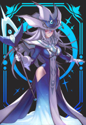 Rule 34 | 1girl, blue dress, blush, breasts, closed mouth, dress, duel monster, gloves, hair between eyes, hat, hip vent, impossible clothes, impossible dress, kai e, large breasts, long hair, looking at viewer, red eyes, serious, silent magician, silver hair, solo, surcoat, tabard, very long hair, wand, white gloves, wizard hat, yu-gi-oh!