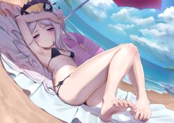 Rule 34 | 1girl, ahoge, bare shoulders, barefoot, beach, bikini, blue archive, blush, breasts, carbon12th, forehead, halo, hina (blue archive), horns, long hair, looking at viewer, lying, multiple horns, on back, parted bangs, purple eyes, small breasts, solo, swimsuit, white hair