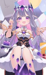 Rule 34 | 1girl, :d, balloon, bracelet, chest jewel, colored inner hair, detached collar, detached sleeves, eskimofox, flat chest, grey hair, hair flaps, hair ornament, hand jewel, holding, holding balloon, hololive, hololive english, jewelry, koseki bijou, koseki bijou (1st costume), long sleeves, looking at viewer, material growth, multicolored hair, open mouth, pebble (koseki bijou), pink hair, purple eyes, single detached sleeve, sitting, smile, solo, virtual youtuber