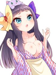 Rule 34 | 10s, 1girl, animal, animal on head, black hair, blunt bangs, blush, breasts, breasts out, cat, cat on head, cum, cum on body, cum on breasts, cum on upper body, facial, flower, hair flower, hair ornament, japanese clothes, long hair, marimari (show by rock!!), nipples, on head, open clothes, open mouth, show by rock!!, solo, takano natsuki, tears