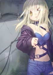 Rule 34 | 1girl, against wall, bare shoulders, blonde hair, breasts, bustier, buttons, cleavage, collar, denim, jacket, jeans, lingerie, lips, long hair, midriff, mitake eil, navel, original, pants, solo, torn clothes, underwear, yellow eyes