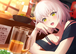 Rule 34 | 1girl, ahoge, alcohol, beer, blush, bowl, cup, dating, drinking glass, eyebrows hidden by hair, fate/grand order, fate (series), food, glass, hair between eyes, indoors, izakaya, jeanne d&#039;arc (fate), jeanne d&#039;arc alter (avenger) (fate), jeanne d&#039;arc alter (fate), looking at viewer, off shoulder, open mouth, patori, plate, short hair, silver hair, solo, upper body, wicked dragon witch ver. shinjuku 1999, yellow eyes