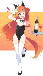 Rule 34 | 1girl, alcohol, animal ears, black footwear, black leotard, blush, bottle, cup, detached collar, drinking glass, full body, heart, highres, holding, holding tray, horse ears, horse girl, horse tail, leotard, long hair, mayano top gun (umamusume), nel-c, one eye closed, open mouth, orange eyes, orange hair, shoes, smile, solo, strapless, strapless leotard, tail, thighhighs, tray, two side up, umamusume, white thighhighs, wine, wine bottle, wine glass, wrist cuffs