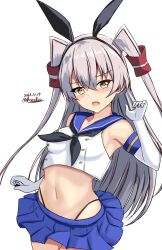 Rule 34 | 1girl, amatsukaze (kancolle), black hairband, black neckerchief, black panties, blue sailor collar, blue skirt, blush, brown eyes, commentary request, cosplay, crop top, elbow gloves, gloves, grey hair, hair tubes, hairband, highleg, highleg panties, highres, kantai collection, long hair, looking at viewer, microskirt, montemasa, navel, neckerchief, open mouth, panties, sailor collar, shimakaze (kancolle), shimakaze (kancolle) (cosplay), skirt, solo, striped clothes, striped thighhighs, thighhighs, two side up, underwear, white gloves