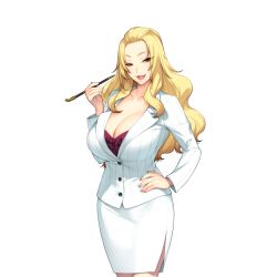 Rule 34 | 1girl, :3, akeiro kaikitan, blonde hair, breasts, business suit, cigarette, cleavage, formal, game cg, hand on own hip, happy, holding, huge breasts, katsuragi youko, legs, long hair, long sleeves, looking at viewer, open mouth, pencil skirt, simple background, skirt, smile, solo, standing, striped, suit, sumeragi kohaku, thighs, white background, white skirt, yellow eyes