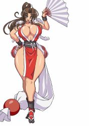 Rule 34 | 1girl, absurdres, blush, breasts, brown hair, cleavage, curvy, fatal fury, female focus, full body, great magami, hand fan, highres, japanese clothes, large breasts, loincloth, long hair, looking at viewer, narrow waist, ninja, open mouth, paper fan, pelvic curtain, ponytail, revealing clothes, ribbon, shiny skin, shiranui mai, simple background, smile, snk, solo, the king of fighters, white background, wide hips