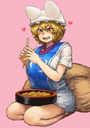 Rule 34 | 1girl, absurdres, animal ears, animal hat, bad id, bad tumblr id, blonde hair, blush, chanta (ayatakaoisii), chopsticks, commentary, dress, food, food request, fox ears, fox tail, full body, hair between eyes, hat, heart, highres, holding, holding chopsticks, looking down, mob cap, monochrome background, multiple tails, open mouth, mob cap, pink background, seiza, short hair, simple background, sitting, slit pupils, smile, solo, tabard, tail, touhou, white dress, yakumo ran, yellow eyes