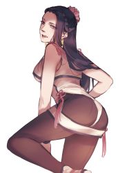 Rule 34 | 1girl, ass, black hair, breasts, earrings, female focus, from behind, highres, jewelry, large breasts, leg up, long hair, luong, purple eyes, simple background, snk, solo, standing, the king of fighters, white background
