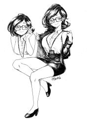 Rule 34 | 1girl, absurdres, black jacket, black skirt, breasts, collared shirt, commentary, earrings, endo (ravenhart), english commentary, glasses, greyscale, hair behind ear, high heels, highres, holding, holding clothes, holding jacket, id card, ink (medium), jacket, jewelry, large breasts, leaning forward, looking at viewer, looking to the side, monochrome, multiple views, olverse, original, pencil skirt, ravenhart, shirt, short hair, single earring, skirt, sleeveless, sleeveless shirt, smile, traditional media