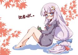 Rule 34 | 1girl, alternate costume, bespectacled, blue eyes, book, crescent, crescent hair ornament, dress, glasses, hair ornament, hair ribbon, hood, hoodie, leaf, long hair, looking at viewer, maple leaf, moon, neko yume, no headwear, no headwear, patchouli knowledge, purple hair, red-framed eyewear, ribbon, sitting, solo, sweater, sweater dress, touhou