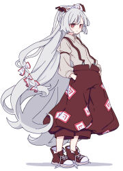 Rule 34 | 1girl, absurdres, blush stickers, bow, closed mouth, collared shirt, fujiwara no mokou, full body, grey hair, hair bow, hands in pockets, highres, kame (kamepan44231), long hair, long sleeves, pants, red eyes, red footwear, red pants, shirt, shoes, simple background, sleeve garter, sneakers, solo, touhou, white background, white bow, white shirt