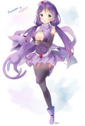 Rule 34 | 1girl, bare shoulders, blush, boots, breasts, character name, commentary, covered navel, creatures (company), crossover, detached sleeves, espeon, game freak, gen 2 pokemon, green eyes, hat, hitsukuya, holding, large breasts, long hair, looking at viewer, love live!, love live! school idol project, low twintails, nintendo, pokemon, pokemon (creature), purple footwear, purple hair, purple skirt, purple thighhighs, signature, skirt, smile, standing, standing on one leg, thighhighs, tojo nozomi, twintails