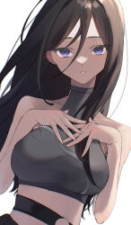 Rule 34 | 1girl, bare shoulders, black hair, breasts, collarbone, dutch angle, grey tank top, hair between eyes, hands on own chest, large breasts, long hair, looking at viewer, open mouth, original, purple eyes, shi wo 3, simple background, solo, tank top, upper body, white background