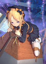 Rule 34 | 1boy, 1girl, abigail williams (fate), bdsm, best girls, black bow, black dress, black hat, blonde hair, blue eyes, blush, bondage, bound, bow, chain, closed mouth, commentary request, cuffs, dress, dutch angle, fate/grand order, fate (series), fedora, flower, frown, full body, handcuffs, hat, highres, himitsu (hi mi tsu 2), long hair, long sleeves, looking at viewer, lying, no shoes, nose blush, on stomach, orange bow, pantyhose, parted bangs, polka dot, polka dot bow, restrained, rope, shibari, shibari over clothes, solo focus, white pantyhose, wooden horse