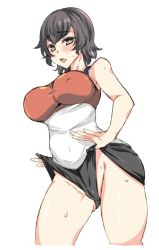 Rule 34 | 1girl, abenattou, blush, breasts, brown eyes, brown hair, caesar (girls und panzer), cameltoe, commentary, covered erect nipples, covered navel, cropped legs, frown, girls und panzer, groin, large breasts, looking at viewer, open mouth, red shirt, shirt, short hair, shorts lift, simple background, solo, standing, sweat, tank top, thighs, wedgie, white background