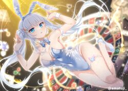 Rule 34 | 1girl, alternate costume, alternate hairstyle, amatsuji, animal ears, arms up, bare shoulders, blue bow, blue bowtie, blue eyes, blue leotard, blurry, blurry background, blush, bow, bowtie, breasts, butterfly ornament, casino, cleavage, collarbone, commentary request, commission, covered navel, curvy, d:, dutch angle, eyelashes, fake animal ears, fake tail, fishnet pantyhose, fishnets, floating hair, frown, full body, groin, hair between eyes, hair ornament, hairclip, highleg, highleg leotard, highres, indoors, jitome, large breasts, leggings, leotard, light particles, long hair, looking at viewer, naruse shiroha, open mouth, pantyhose, playboy bunny, popsicle hair ornament, rabbit ears, rabbit pose, rabbit tail, shoes, sidelocks, skeb commission, skindentation, solo, strapless, strapless leotard, summer pockets, tail, thigh strap, twintails, twitter username, very long hair, white hair, white leggings, white wrist cuffs, wrist cuffs