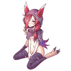 Rule 34 | 1girl, animal ears, bandaged leg, bandages, blush, breasts, facial mark, feathers, full body, groin, hair over one eye, highres, hood, ink (inksgirls), league of legends, looking at viewer, navel, red hair, seiza, side ponytail, simple background, sitting, small breasts, solo, talons, white background, xayah, yellow eyes