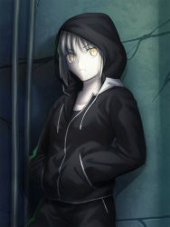 Rule 34 | 1girl, against wall, artoria pendragon (all), artoria pendragon (fate), black jacket, black pants, black shirt, closed mouth, collarbone, cowboy shot, fate/stay night, fate (series), frown, hands in pockets, highres, hood, hood up, hooded jacket, jacket, long sleeves, official alternate costume, pants, saber alter, saber alter (ver. shinjuku 1999) (fate), shirt, shoori (migiha), short hair, silver hair, solo, v-shaped eyebrows, yellow eyes