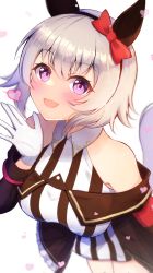Rule 34 | 1girl, :d, animal ears, bare shoulders, black hairband, black jacket, blush, bow, breasts, commentary request, curren chan (umamusume), dress, ear bow, gloves, grey hair, hair between eyes, hairband, hand up, heart, highres, horse ears, horse girl, horse tail, jacket, long sleeves, looking at viewer, medium breasts, off-shoulder jacket, off shoulder, open mouth, purple eyes, red bow, simple background, sleeveless, sleeveless dress, smile, solo, striped clothes, striped dress, tail, umamusume, vertical-striped clothes, vertical-striped dress, white background, white gloves, ymd (holudoun)