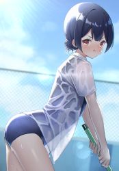 Rule 34 | 1girl, :t, ass, bad face, black hair, blurry, blurry background, blush, closed mouth, hair bun, highres, idolmaster, idolmaster shiny colors, looking at viewer, matsushika, mop, morino rinze, outdoors, pool, red eyes, school swimsuit, see-through, shirt, single hair bun, sky, solo, standing, swimsuit, thighs, wet, wet clothes, white shirt