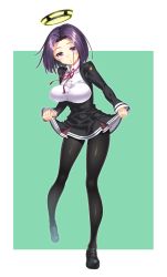 Rule 34 | 10s, 1girl, black pantyhose, blush, breasts, dress, female focus, full body, halo, kantai collection, large breasts, loafers, looking at viewer, mechanical halo, pantyhose, purple eyes, purple hair, school uniform, shoes, short dress, short hair, simple background, solo, tatsuta (kancolle), tel, underbust