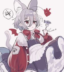 Rule 34 | 1girl, animal ear fluff, animal ears, artist name, blue dress, bow, bowtie, cat tail, dress, grey hair, hand up, highres, holding, jacket, jikuno, light brown background, long sleeves, mini wings, original, red bow, red eyes, short hair, simple background, sketch, solo, tail, tearing up, wings