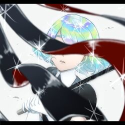 Rule 34 | 2others, androgynous, aqua hair, black necktie, bob cut, bort, colored inner hair, covered eyes, crystal hair, diamond (houseki no kuni), facing viewer, floating hair, gem uniform (houseki no kuni), gloves, holding, holding sword, holding weapon, houseki no kuni, letterboxed, multicolored hair, multiple others, necktie, other focus, out of frame, puffy short sleeves, puffy sleeves, rainbow hair, red hair, short hair, short sleeves, simple background, solo focus, sparkle, swept bangs, sword, two-tone hair, weapon, white background, white gloves, wind, yagi hara