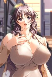 Rule 34 | 1girl, black eyes, black hair, breasts, building, cleavage, cross, cross necklace, fingernails, g.j?, game cg, highres, huge breasts, jewelry, lipstick, long fingernails, long hair, looking at viewer, makeup, nail polish, necklace, open mouth, sano toshihide, solo, standing