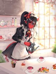 Rule 34 | 1girl, absurdres, apron, bell, black dress, black hair, breasts, chalkboard, closed mouth, commentary, commission, cup, demon girl, dress, earrings, english commentary, fingernails, flower pot, frilled apron, frills, hair between eyes, hair ribbon, highres, holding, holding teapot, horns, indoors, isari sensei, jewelry, jingle bell, juliet sleeves, long hair, long sleeves, looking at viewer, maid, maid apron, maid headdress, nail polish, neckerchief, original, pointy ears, puffy sleeves, red eyes, red horns, red nails, red neckerchief, red ribbon, red tail, ribbon, sidelocks, small breasts, solo, sweat, table, tea, teacup, teapot, white apron