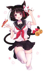 Rule 34 | 1girl, animal ear fluff, animal ears, azur lane, bell, black hair, black sailor collar, black skirt, blush, bread slice, breasts, cat tail, collarbone, commentary request, fang, food, hands up, highres, jingle bell, large breasts, looking at viewer, neckerchief, open mouth, pleated skirt, red neckerchief, sailor collar, school uniform, serafuku, shirt, short hair, short sleeves, simple background, skirt, smile, solo, tail, tail bell, tail ornament, thighhighs, toast, usano, white background, white shirt, white thighhighs, yamashiro (azur lane), yamashiro (street corner offensive!) (azur lane)