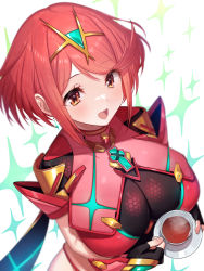Rule 34 | 1girl, absurdres, black gloves, blush, bob cut, breasts, chest jewel, cup, earrings, fingerless gloves, gloves, green322, highres, jewelry, large breasts, looking at viewer, open mouth, pyra (xenoblade), red eyes, red hair, saucer, short hair, short shorts, shorts, smile, solo, swept bangs, tea, teacup, tiara, xenoblade chronicles (series), xenoblade chronicles 2