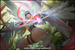 Rule 34 | 1girl, angel wings, angewomon, arrow (projectile), ass, asymmetrical clothes, bare shoulders, belt, blonde hair, bow (weapon), breasts, c-a-t c-a-t, cleavage, covered eyes, digimon, digimon (creature), digimon adventure, firing, forest, gloves, head wings, helmet, large breasts, long hair, looking back, multiple wings, nail polish, nature, outdoors, solo, thigh strap, weapon, wings