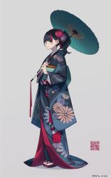 Rule 34 | 1girl, black hair, commentary request, fami (yellow skies), floral print, flower, from side, full body, grey background, hair flower, hair ornament, highres, holding, holding umbrella, japanese clothes, kimono, long hair, looking at viewer, multicolored hair, oil-paper umbrella, original, ponytail, qr code, red eyes, red hair, simple background, solo, standing, streaked hair, tabi, twitter username, umbrella