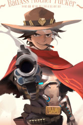 Rule 34 | 1boy, aged down, aiming, aiming at viewer, ammunition belt, bad id, bad pixiv id, bandolier, belt, belt buckle, brown eyes, brown gloves, brown hair, brown pants, buckle, bullet, cape, cassidy (overwatch), cigar, cowboy hat, english text, finger on trigger, gloves, gun, handgun, hat, highres, holding, holding gun, holding weapon, holster, jn3, looking at viewer, male focus, mechanical arms, mouth hold, overwatch, overwatch 1, pants, pointing, pointing at viewer, poncho, profanity, revolver, shadow, short hair, single mechanical arm, smile, smoke, smoking, solo, standing, text focus, tube, upper body, weapon