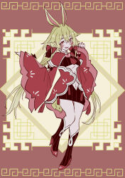 Rule 34 | 1girl, animal ears, blonde hair, blush, breasts, brown dust 2, chinese clothes, dress, full body, hair between eyes, hair ribbon, high heels, highres, large breasts, liatris (brown dust), long hair, looking at viewer, navel, rabbit ears, rabbit girl, red background, red dress, red eyes, red footwear, red ribbon, red socks, ribbon, smile, socks, solo, standing, standing on one leg, striped clothes, striped socks, tn scallion, twintails, underboob, very long hair, wide sleeves