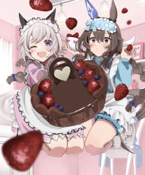 Rule 34 | 2girls, absurdres, admire vega (umamusume), alternate hairstyle, animal ears, apron, blurry, blurry background, bowl, brown hair, cake, chocolate cake, curren chan (umamusume), ear covers, food, fruit, highres, holding, holding bowl, horse ears, indoors, jersey maid, jumping, long sleeves, looking at viewer, maid, multiple girls, one eye closed, open mouth, puffy long sleeves, puffy sleeves, purple eyes, skates, small-wso6-bell, smile, strawberry, umamusume, unconventional maid, white apron