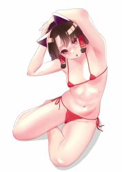 Rule 34 | 1girl, :o, alternate costume, animal ears, armpits, arms up, benikurage (cookie), bikini, blush, breasts, brown eyes, brown hair, cat ears, commentary request, cookie (touhou), covered erect nipples, fake animal ears, frilled hair tubes, frills, full body, hair tubes, hakurei reimu, highres, looking at viewer, makaarami, medium hair, micro bikini, nose blush, open mouth, parted bangs, red bikini, side-tie bikini bottom, sidelocks, simple background, small breasts, solo, swimsuit, touhou, white background
