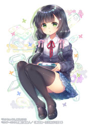 Rule 34 | 1girl, :o, black cardigan, black footwear, black hair, black thighhighs, blue skirt, blush, bow, capura lin, cardigan, collared shirt, copyright request, full body, green eyes, hair bow, hair ornament, hairclip, highres, holding, loafers, long hair, looking at viewer, low twintails, neck ribbon, off shoulder, official art, parted lips, pink bow, plaid, plaid skirt, pleated skirt, red ribbon, ribbon, school uniform, shirt, shoes, sitting, skirt, solo, thighhighs, twintails, very long hair, watermark, white background, white shirt