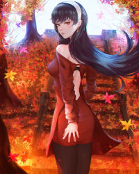Rule 34 | 1girl, autumn leaves, black hair, black pantyhose, blush, breasts, day, dress, from behind, hairband, highres, lips, long hair, looking at viewer, looking back, mcdobo, medium breasts, off-shoulder sweater, off shoulder, outdoors, pantyhose, red dress, red eyes, solo, spy x family, sweater, sweater dress, white hairband, wind, yor briar