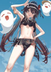 Rule 34 | 1girl, :d, absurdly long hair, alternate costume, arm up, armpits, bikini, black bikini, black hair, blue sky, breasts, brown eyes, cleavage, cloud, cloudy sky, commentary request, eyes visible through hair, from below, genshin impact, ghost, hand on own hip, headgear, highres, hu tao (genshin impact), long hair, looking at viewer, open mouth, salute, sidelocks, skewer, sky, small breasts, smile, standing, star-shaped pupils, star (symbol), swimsuit, symbol-shaped pupils, twintails, very long hair, visor cap, xkirara39x