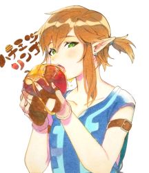 Rule 34 | 1boy, apple, armband, blonde hair, blush, collarbone, earrings, eating, eyelashes, fingerless gloves, food, fruit, gloves, green eyes, hair tie, holding, holding food, honey, jewelry, link, looking at viewer, male focus, marker (medium), nintendo, open mouth, photo (medium), pointy ears, roda (roda826), shirt, short ponytail, short sleeves, simple background, solo, teeth, the legend of zelda, the legend of zelda: breath of the wild, third-party edit, traditional media, tunic, upper body, waifu2x, white background