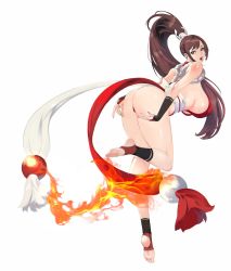 Rule 34 | 1girl, ass, bare shoulders, barefoot, bobobong, breasts, bridal gauntlets, brown eyes, brown hair, commentary, covered erect nipples, fatal fury, feet, fire, full body, hair ornament, highres, huge breasts, japanese clothes, lips, long hair, looking at viewer, looking back, ninja, open mouth, ponytail, revealing clothes, rope, shiny skin, shiranui mai, sideboob, simple background, sleeveless, snk, soles, stirrup legwear, the king of fighters, thighs, thong, toeless legwear, toes, white background