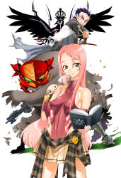 Rule 34 | 1girl, 2boys, angry, armpits, badge, bare shoulders, belt, blue eyes, blue hair, book, bracelet, breasts, breasts apart, bullet, claws, clenched teeth, cloak, covered erect nipples, covered navel, cowboy shot, crown, detached sleeves, elbow gloves, fay hound, fighting stance, fingerless gloves, fire fire fire, gloves, glowing, glowing eyes, green eyes, gun, hair between eyes, halterneck, highleg, highleg leotard, holding, impossible clothes, impossible leotard, jewelry, jumping, kirishima jiga, large breasts, leotard, light smile, long hair, looking at viewer, magnifying glass, miniskirt, multiple boys, official art, pants, pink hair, pleated skirt, red leotard, rifle, robot, sash, satou shouji, scarf, shadow, sheath, shirt, shishi-mai, short hair, short sleeves, side slit, sidelocks, simple background, skeleton, skin tight, skirt, smile, spiked hair, spread legs, standing, strap, striped, swept bangs, sword, teeth, torn clothes, turtleneck, unsheathing, very long hair, weapon, white background, wings, yellow eyes