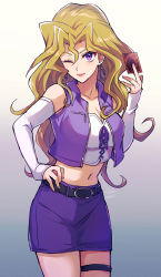 Rule 34 | 1girl, ;), belt, black belt, blonde hair, breasts, card, cleavage, closed mouth, collarbone, collared jacket, cowboy shot, detached sleeves, earrings, gradient background, grey background, hair intakes, hand on own hip, holding, holding card, jacket, jewelry, kujaku mai, long hair, long sleeves, looking at viewer, medium breasts, midriff, mikami (mkm0v0), miniskirt, navel, one eye closed, open clothes, open jacket, pencil skirt, purple jacket, purple skirt, sketch, skirt, sleeveless, sleeveless jacket, smile, solo, standing, stomach, thigh strap, very long hair, white sleeves, wing collar, yu-gi-oh!, yu-gi-oh! duel monsters
