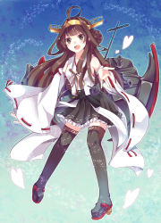 Rule 34 | &gt;:d, 10s, 1girl, :d, ahoge, bad id, bad pixiv id, black eyes, brown hair, detached sleeves, emilion, frilled skirt, frills, hairband, heart, japanese clothes, kantai collection, kongou (kancolle), long hair, looking at viewer, machinery, nontraditional miko, open mouth, outstretched hand, ribbon-trimmed sleeves, ribbon trim, skirt, smile, solo, thighhighs, turret, v-shaped eyebrows, wide sleeves